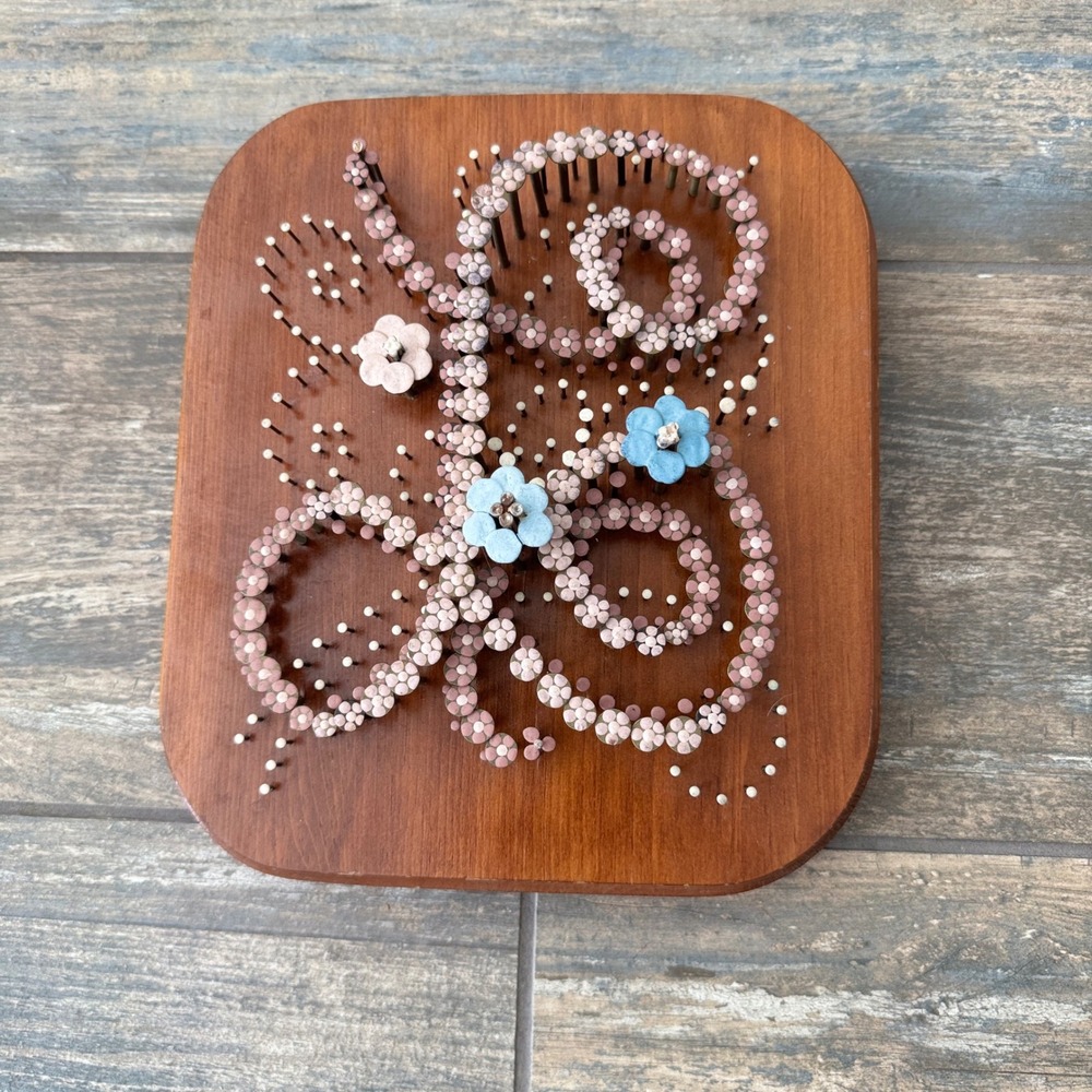 Vintage Cottage 3D Nail Head Floral Wood Plaque Wall Decor "L" Pink Blue Flowers